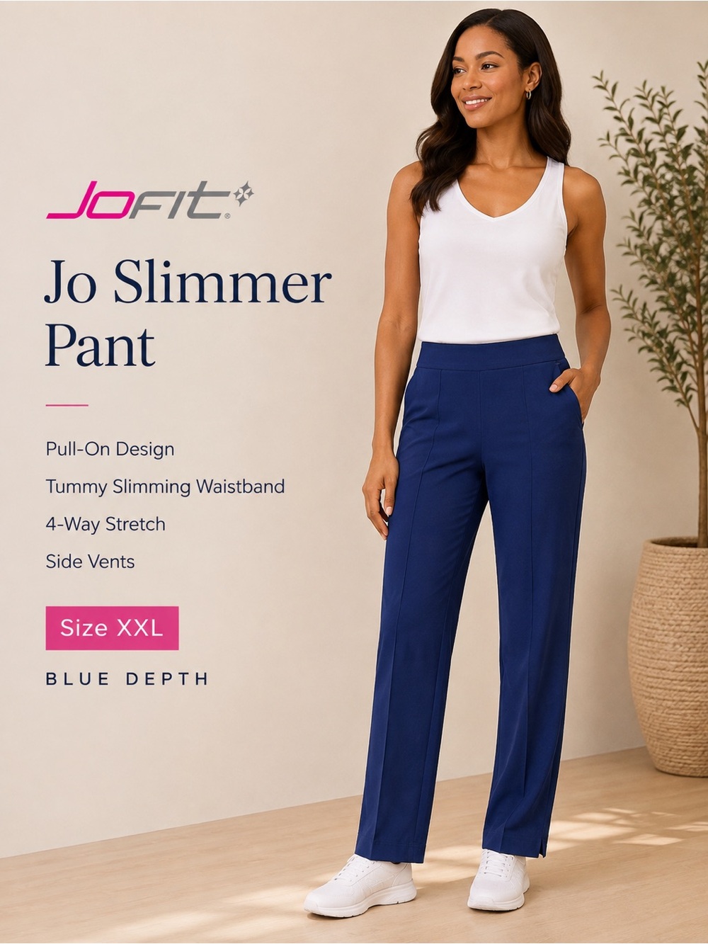 NWT JoFit Jo Slimmer‎ Pull-On Golf Pants Blue Depth XXL Slimming Stretch